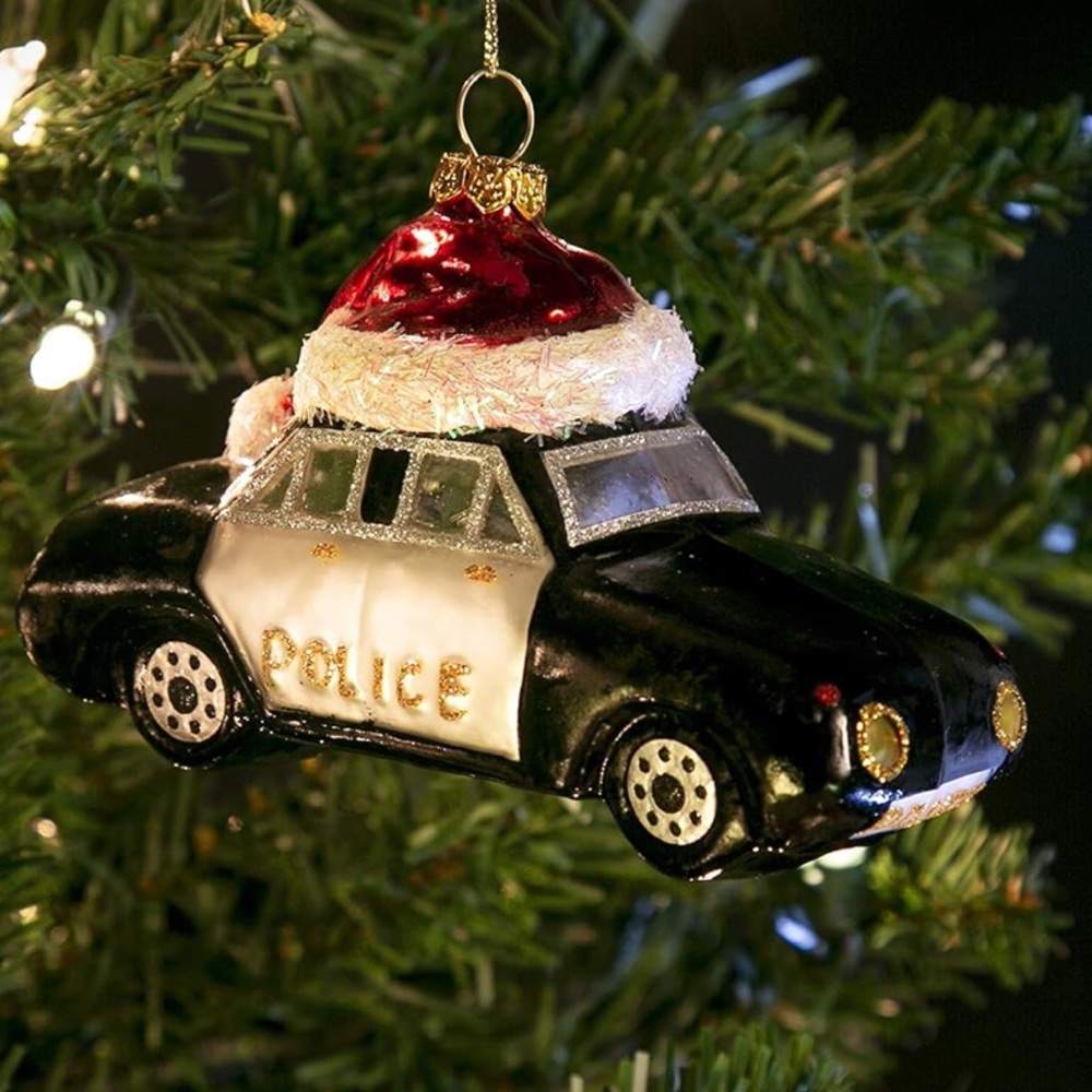 North Star Christmas Store Glass Police Car Christmas Tree Ornament w/ Santa Hat